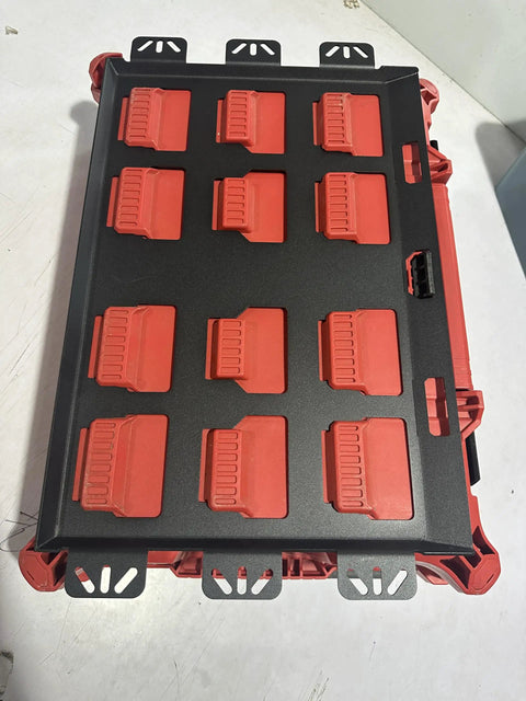 Top view of Milwaukee Packout Wall Mounting Plate Dope Metal Base for Toolboxes, black and red design for versatile storage.
