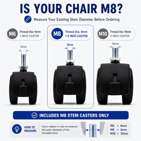 Image showing M8 1.5 inch caster wheel with measurement guide for Four Pack 1.5 Inch Swivel Caster Wheels Featuring M8 Metric Thread And Secure Locking Brake.