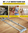 Knockout Router Sled For Dedicated Woodworkers 64 Inch Wide Slab Guide Jig with heavyweight aluminum frame in a workshop setting.