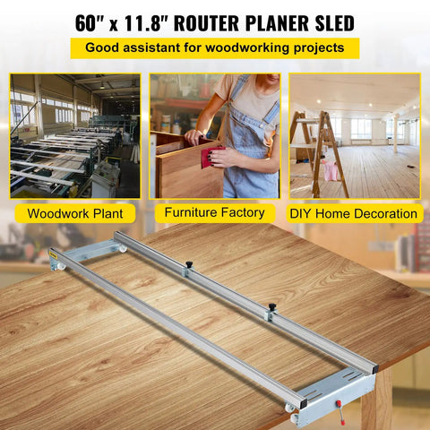 Knockout Router Sled For Dedicated Woodworkers 64 Inch Wide Slab Guide Jig with heavyweight aluminum frame in a workshop setting.