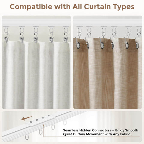 Heavy Duty Ceiling Curtain Track Kit With Quiet Glide Rollers 3 To 6 Ft White Ceiling Or Wall Mount Curtain Rail System Includes 20 Rollers 20 Hooks And 20 Clips Great Room Divider For Living Room Bathroom Or Hospital showing compatibility with different curtain types