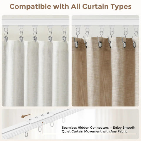 Heavy Duty Ceiling Curtain Track System White 6 To 9 Ft Easy Install Ceiling And Wall Mount Rail With Ultra Quiet Smooth Gliding 3 Ft Sections Each Featuring 10 High Quality Rollers For No Fuss Drapes In Living Room Bedroom Or Home Theater compatible with white and beige curtains