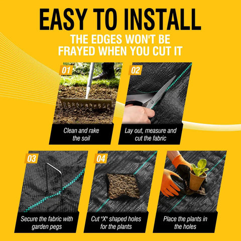3ftx50ft Heavy Duty Weed Barrier Landscape Fabric showing installation steps for gardens and driveways