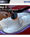 Person using Car Headlight Restoration Kit With 3 Inch Lens Polishing Discs And Buffing Pads For Drill 30 Piece Restorer Set