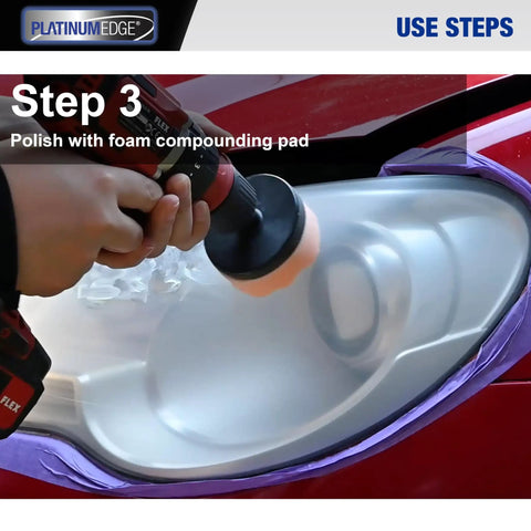 Person using Car Headlight Restoration Kit With 3 Inch Lens Polishing Discs And Buffing Pads For Drill 30 Piece Restorer Set