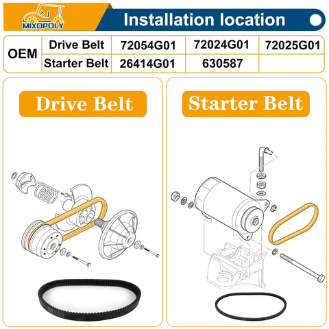 Starter Generator Belt And Clutch Drive Belt Kit For EZGO TXT Medalist 4 Cycle Gas Golf Cart with illustrated placements