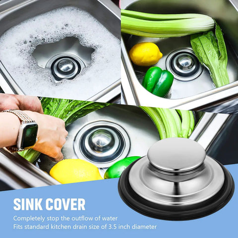 3 Piece Kitchen Sink Drain Strainer And Stopper Set Stainless Steel Garbage Disposal Plug displayed in sink with vegetables