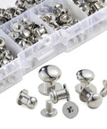 Heavy Duty Round Head Button Studs And Chicago Screws Assorted In 120 Pieces Dope Silver Zinc Alloy hardware in storage box.