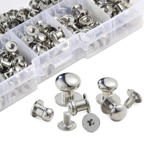 Heavy Duty Round Head Button Studs And Chicago Screws Assorted In 120 Pieces Dope Silver Zinc Alloy hardware in storage box.