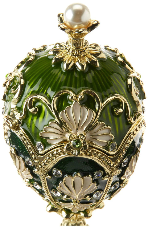 Larissa Petroika Enameled Faberge Style Green Egg Collectible with Pearl Crown detail, showing intricate designs and enamel finish.