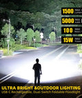 Person standing with Ultra Bright 1500 Lumen Folding LED Camping Lantern With USB C Rechargeable Power, illuminating a street at night.