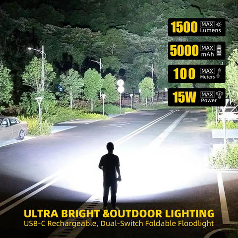 Person standing with Ultra Bright 1500 Lumen Folding LED Camping Lantern With USB C Rechargeable Power, illuminating a street at night.