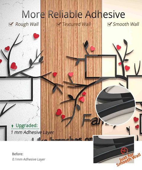 Love Family Tree Wall Decor Picture Frame Collage Removable 3D Acrylic Wall Stickers adhesive comparison on textured and smooth walls.