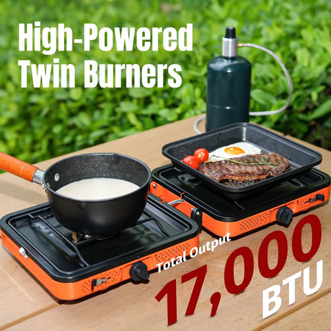 Two Burner Portable Camping Stove With Carry Bag No-Fuss 17000 BTU Propane Camp Stove for Camping Outdoor Cooking RV Trips