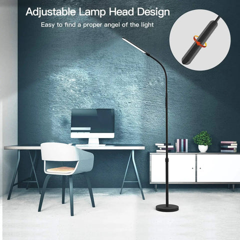 LED Floor Lamp With Adjustable Height And Stepless Dimming, Minimalist Black Standing Lamp next to a desk in a modern room.