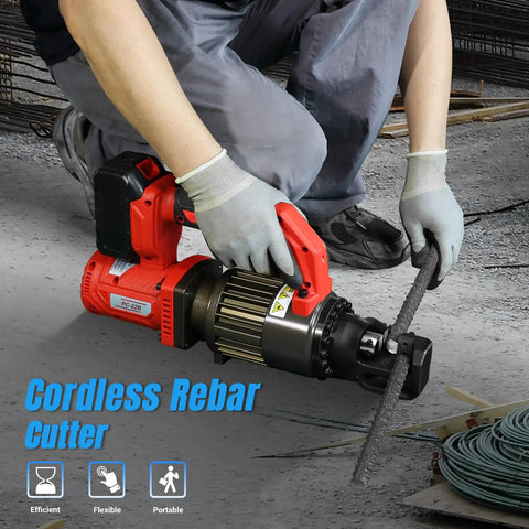 Loschen Cordless Electric Hydraulic Rebar Cutter With Li-ion Battery For Portable Handheld Cutting Up To 7/8 Inch Diameter Steel Bars Heavy Duty Power Tool For Construction And DIY Projects cutting through rebar on a concrete surface.