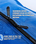 Heavy Duty Blue Moving Bags With Sturdy Zipper Handles And Backpack Straps close-up showing waterproof material and zippers