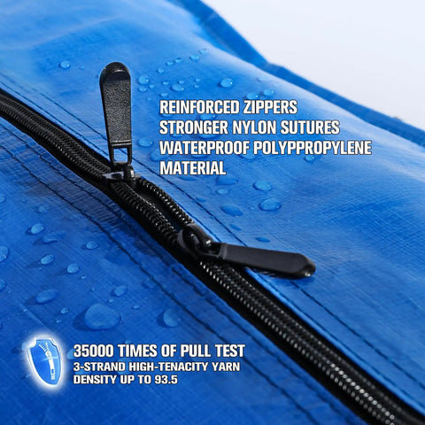 Heavy Duty Blue Moving Bags With Sturdy Zipper Handles And Backpack Straps close-up showing waterproof material and zippers
