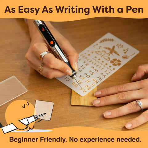 Person using Customizer Special Edition Engraving Kit DIY Starter Set With Engraving Pen and Bits, stenciling letters on wood.