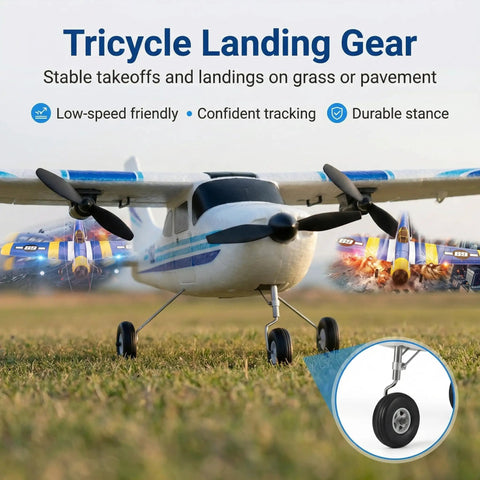 Close-up of tricycle landing gear on Beginner Friendly 2.4GHz RC Plane With 3 Axis Gyro showcasing durable and stable design.