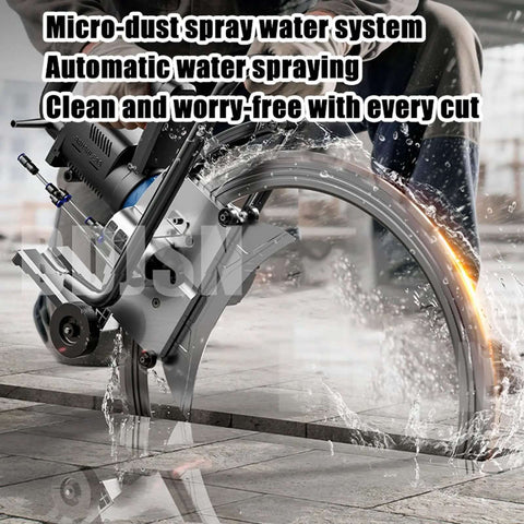Professional Grade Handheld Concrete Circular Saw With 6000W Brushless Motor And Integrated Dust Extractor in action with water spray.