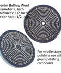 Badass 6 Piece 6 Inch Stainless Steel Buffing Wheel Kit For Bench Grinders With Half Inch Arbor Hole Plus Sisal Denim Cotton Wheels showing denim buffing wheel.