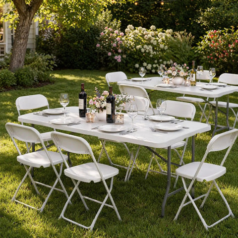 Six Foot Folding Table For Indoor And Outdoor Use, Lightweight Portable Rectangular White Plastic Dining Table With Steel Legs, Fold In Half With Carrying Handle, Ideal For Picnic, Camping, Parties, Weddings And Events set up in a garden.