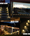 Top Shelf Solar Deck Lights 16 Pack, Slick Brown Shell Step Lights With Bright Warm White Glow on various stairs and balcony.