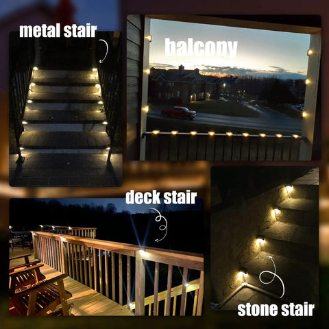 Top Shelf Solar Deck Lights 16 Pack, Slick Brown Shell Step Lights With Bright Warm White Glow on various stairs and balcony.