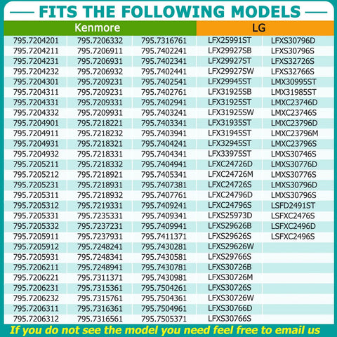 Chart showing LG and Kenmore models compatible with Left Side Refrigerator Door Bin Replacement For Elite Models Fits Door Shelf Assemblies Easy Install No Fuss Upgrade For LG And Kenmore Elite Refrigerators