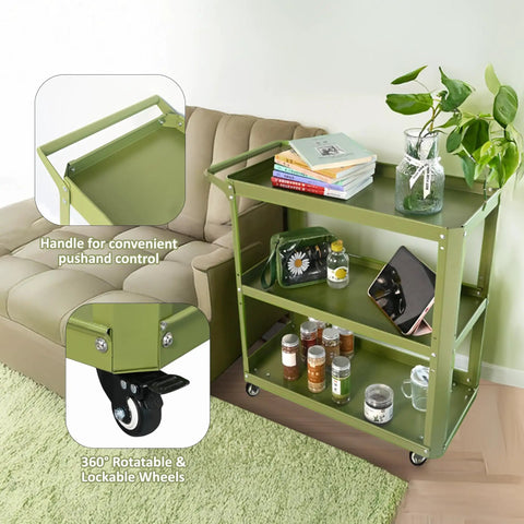 Green 3 Tier Rolling Tool Cart With Lockable Silent Wheels And 330 Lbs Capacity in a home setting, used as a storage cart.