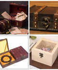 Collage of wood boxes with antique brass mini box hinges set, highlighting various designs and installed latches for jewelry and gift boxes.