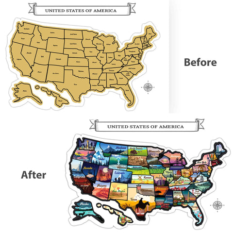 Before and after of Scratch Off USA Map Wall Art Kit With Hand Drawn Travel Design Laminated For Home Decor Deluxe States Tracker.