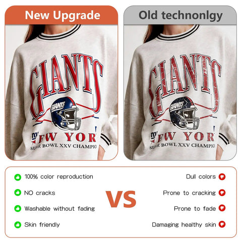 Comparison of new upgrade vs old technology on giants sweatshirt highlighting color, washability, and skin health advantages.