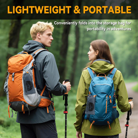 Hikers with orange and blue backpacks holding trekking poles on a forest trail