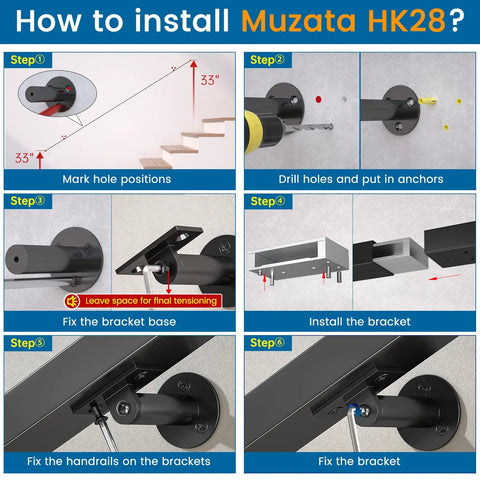 Installation guide for Bulletproof Stainless Steel Stair Handrail Ten Foot Wall Mount with pre-drilled holes and tool steps.