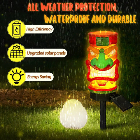 Front view of 2 Pack 17 Inch Tiki Solar Lights Outdoor Garden Decor Waterproof Resin Statues That Automatically Glow At Night.
