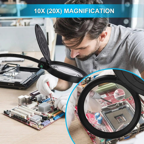 Man using Lighted Floor Magnifier With Stand Featuring 10X And 20X Lenses, 36 LED Dimmable Gooseneck Reading Lamp for electronics repair