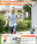Man using Easy Rewind Retractable Garden Hose Reel With Wall Mount, One Hundred Foot Five Eighth Inch Hose, Nine Function Sprayer Nozzle, Auto Slow Return, 180 Degree Swivel Bracket, Gray