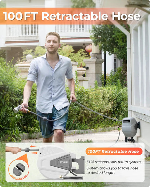 Man using Easy Rewind Retractable Garden Hose Reel With Wall Mount, One Hundred Foot Five Eighth Inch Hose, Nine Function Sprayer Nozzle, Auto Slow Return, 180 Degree Swivel Bracket, Gray