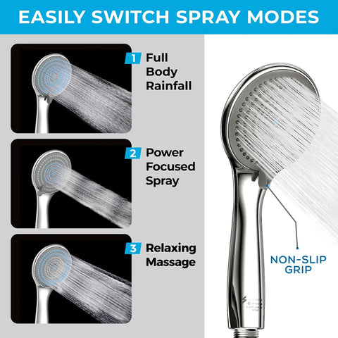High Pressure 3 Function Handheld Shower Head With Five Foot Hose And Bracket, 3.75 Inch Wide Rain Shower spray modes