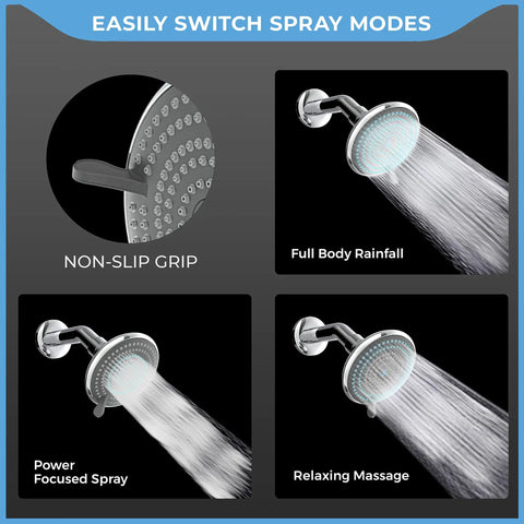 High-Pressure 3-Function Rain Shower Head With Luxury Modern Look Three Point Seven Five Inch Wide Angle Rainfall for Full Body Coverage Powerful Massage and Relaxing Massage Tool-Free One Minute Installation In Polished Chrome Finish showing spray modes.