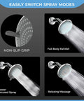 High Pressure 3-Function Rain Shower Head In Midnight Black Matte, 3.75 Inch Wide, showcasing spray modes and non-slip grip