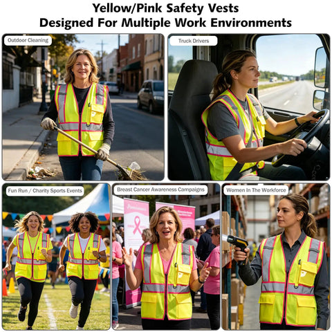 Extra Large Pink Hi Vis Safety Vest For Women Featuring Wide Reflective Tape for outdoor cleaning and events.