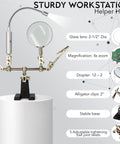 Helping Hand Magnifier Glass Stand With Flexible Neck LED Light And Alligator Clips 3X Magnification on display pedestal