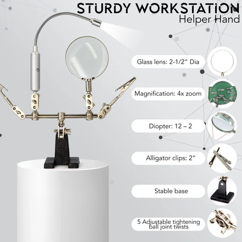 Helping Hand Magnifier Glass Stand With Flexible Neck LED Light And Alligator Clips 3X Magnification on display pedestal
