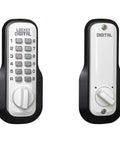 Keyless Mechanical Push Button Deadbolt Door Lock In White With Easy Programmable Code No Key Needed And Includes Free Mounting Plate Plus Lifetime Warranty, front and back view