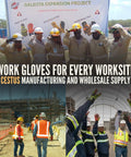 Construction workers wearing Goatskin Leather Impact Work Gloves ANSI Cut A5 for Construction and Oilfield Demolition Built for Tough Jobs.