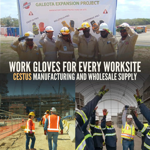 Collage of workers wearing gloves on construction sites, showcasing Cestus manufacturing and supply work gloves for various worksites.