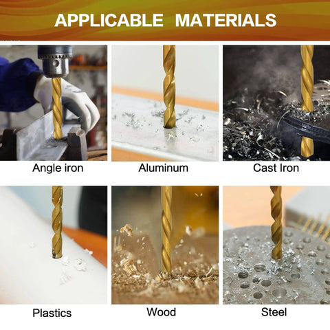 Image showing Titanium Coated HSS Twist Drill Bit Set With Hex Shank, 30 Pc, drilling into angle iron, aluminum, cast iron, plastics, wood, steel.